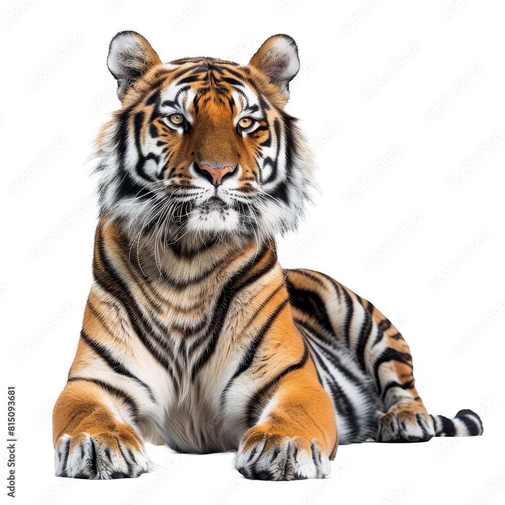 A Bengal tiger is seated in front of a plain white backdrop, a bengal tiger isolated on transparent background A Bengal tiger is seated in front of a plain white backdrop, a bengal tiger isolated on transparent background