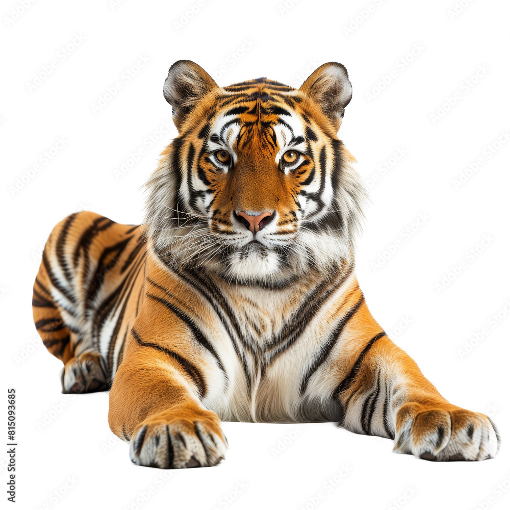 A Bengal tiger is resting in a relaxed position on a plain white surface, a bengal tiger isolated on transparent background