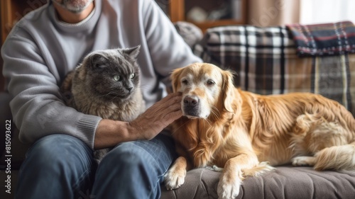 A man sits on the sofa, stroking his pets - an old cat and a dog.