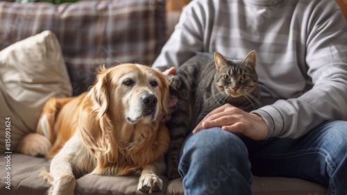 Wallpaper Mural A man sits on the sofa, stroking his pets - an old cat and a dog. Torontodigital.ca