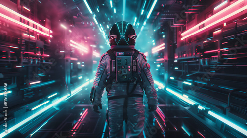 Futuristic Astronaut Navigating Neon Corridor