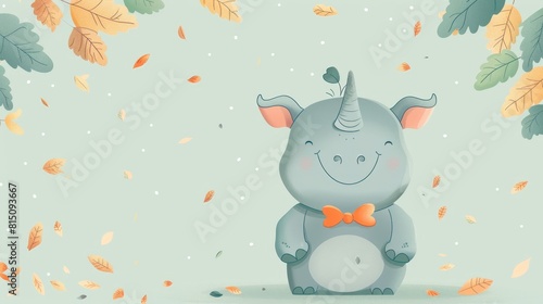 A cartoon rhino is sitting in a green field with leaves and grass