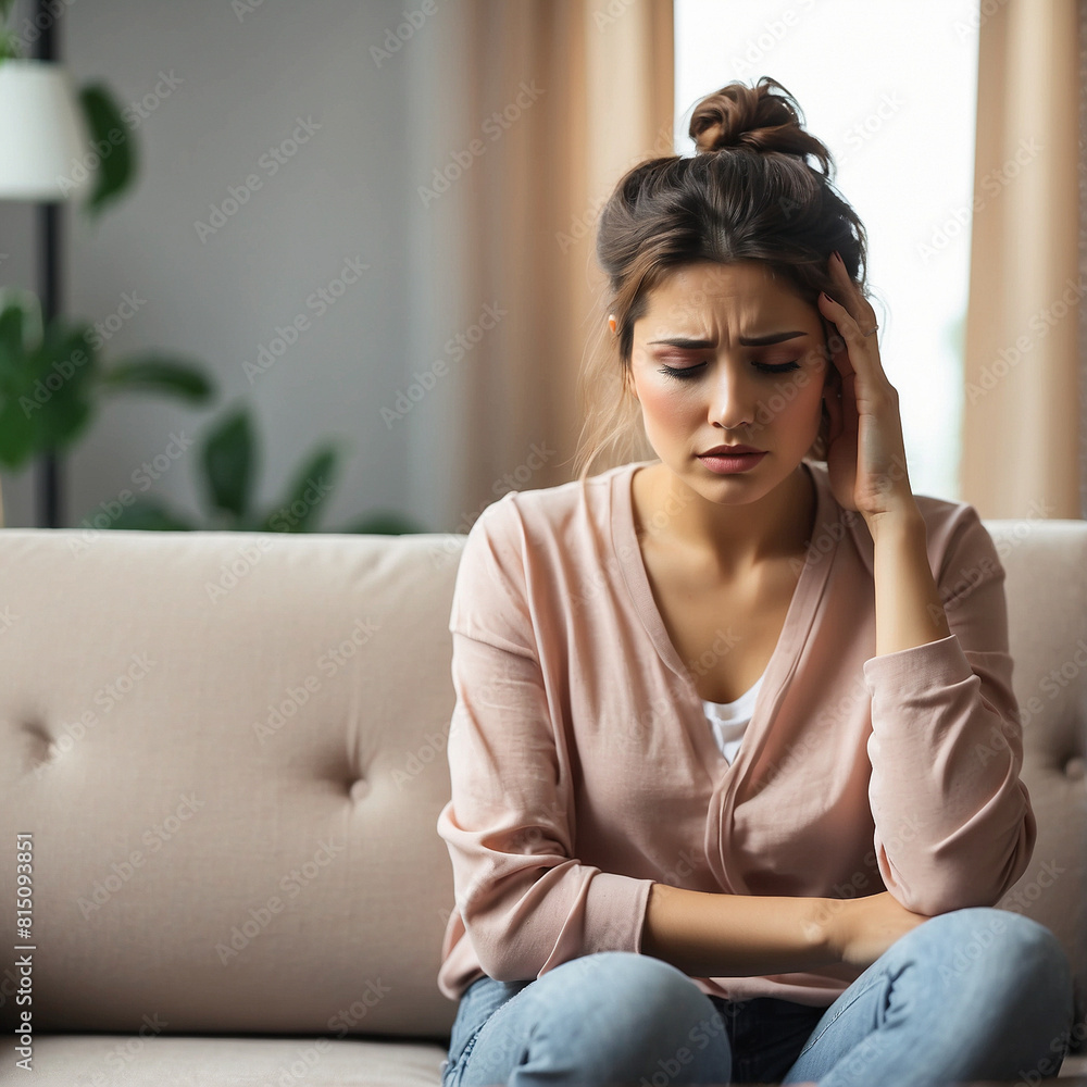 a woman sits on a couch with her head on her head. a woman sits on a couch with her head on her head.
