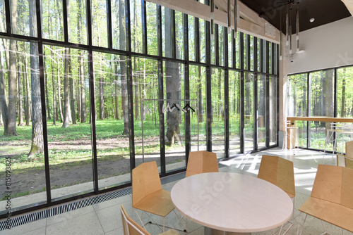 Fototapeta Naklejka Na Ścianę i Meble -  Cafe with glass walls and forest views