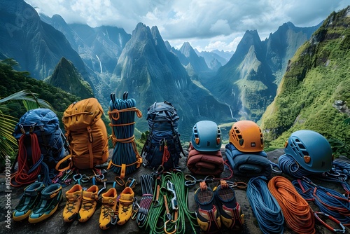 Climbing Expedition Gear Laid Out Before Tropical Mountain Peaks photo