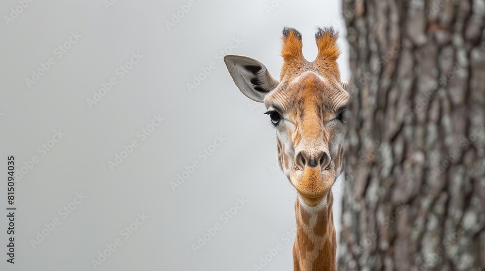 Naklejka premium A giraffe is peeking out from behind a tree trunk