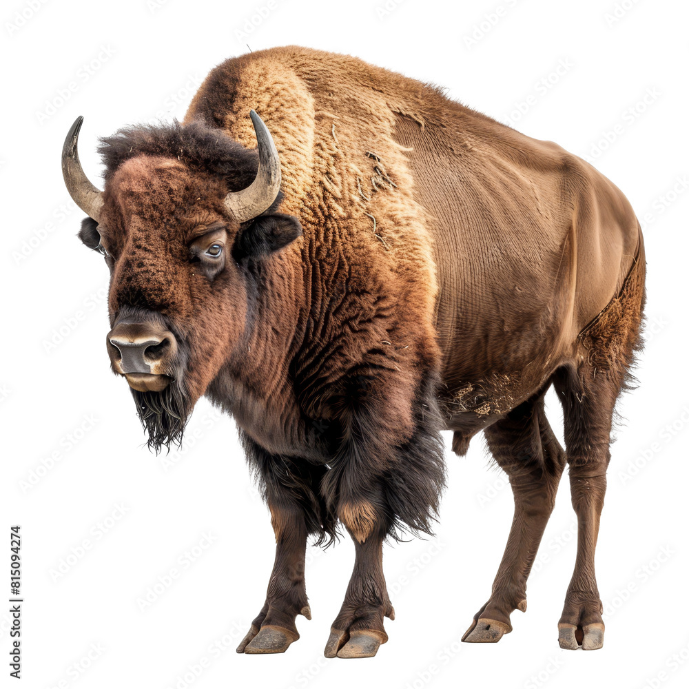 A bison stands in front of a plain white backdrop, a Beaver Isolated on a whitePNG Background A bison stands in front of a plain white backdrop, a Beaver Isolated on a whitePNG Background