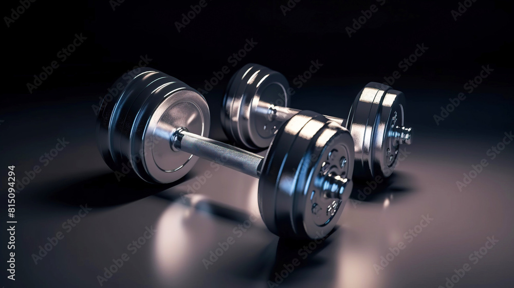 Sports equipment chrome dumbbell, dark background. AI generated. Sports equipment chrome dumbbell, dark background. AI generated.