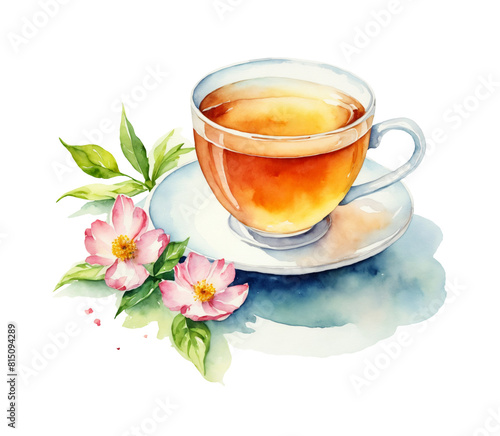 Watercolor illustration of a beautiful cup of herbal tea on a transparent background. Hot tea with flower petals and leaves. Spring or summer beverage clipart.