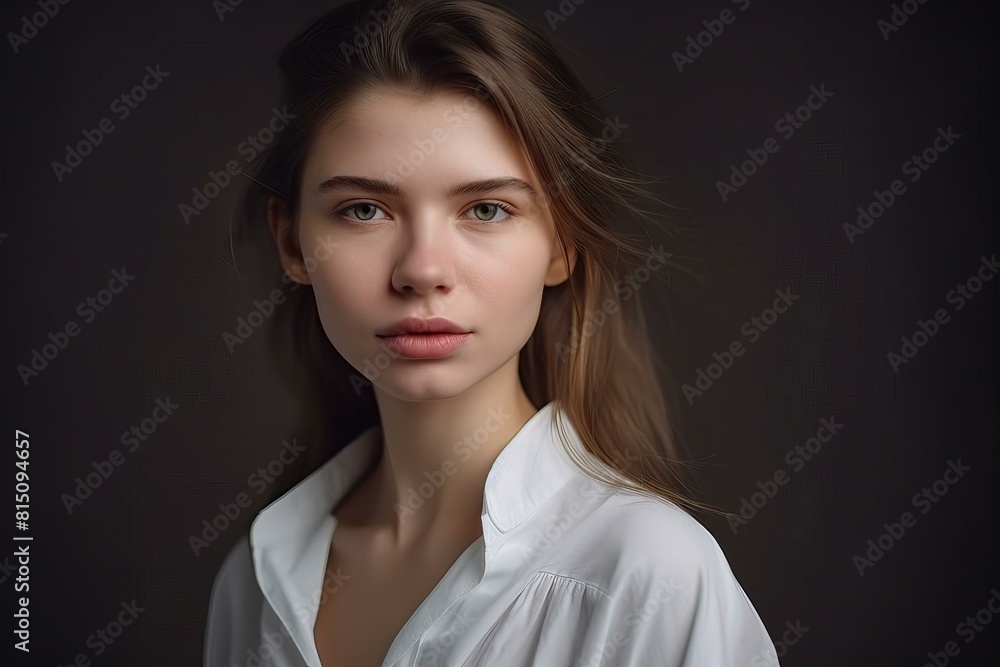 Portrait of young Caucasian woman in white shirt, soft focus, neutral background, beauty and fashion. Portrait of young Caucasian woman in white shirt, soft focus, neutral background, beauty and fashion.