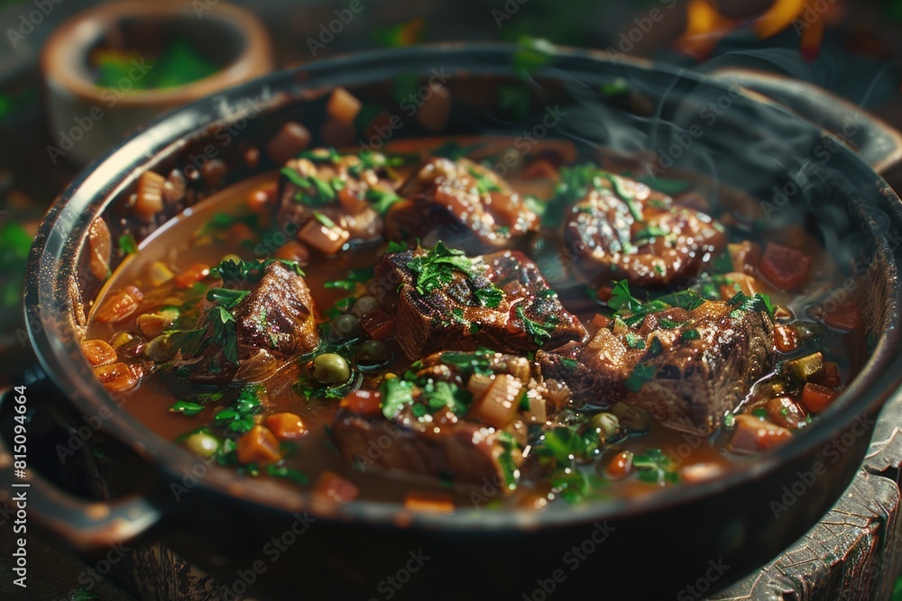 A pot filled with meat and vegetables on a table. Suitable for food and cooking concepts A pot filled with meat and vegetables on a table. Suitable for food and cooking concepts
