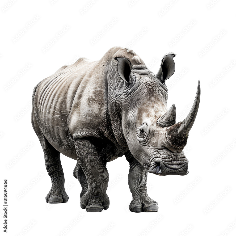Fototapeta premium A black rhinoceros standing motionless on a Png background, a black rhinoceros isolated on transparent background