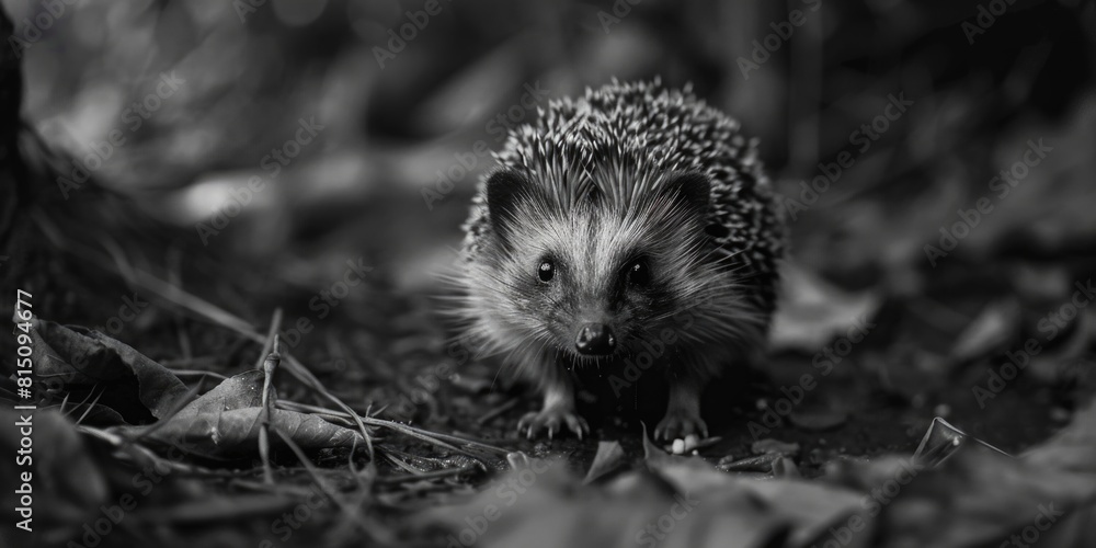 Fototapeta premium A small hedge walking through fallen leaves. Perfect for nature and gardening themes