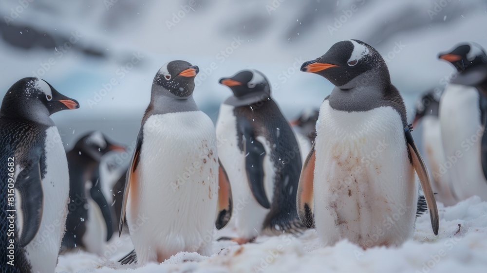 Obraz premium Penguins in Antarctica. A group of penguins. Pack. Penguins standing close to each other.