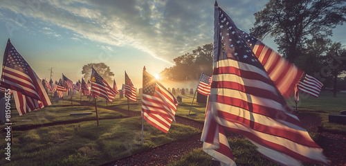 Veteran cemetery at dawn showcasing rows of American flags fluttering peacefully. photo