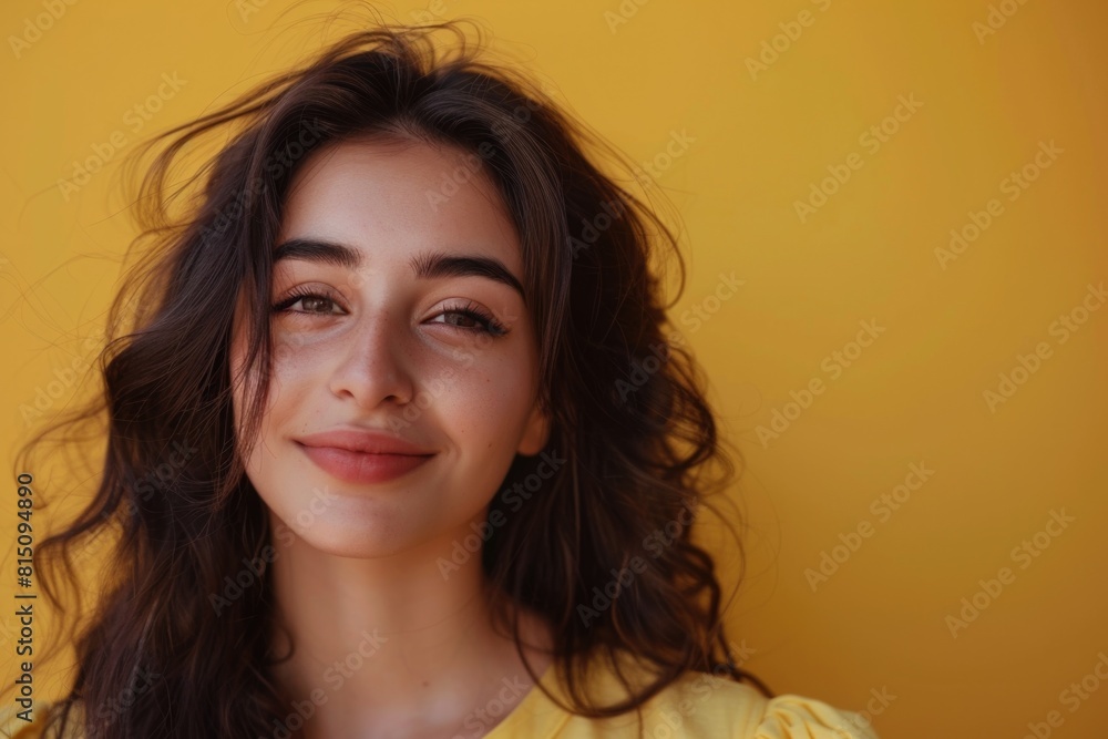 Fototapeta premium Portrait of a woman with long brown hair wearing a yellow shirt. Suitable for various projects