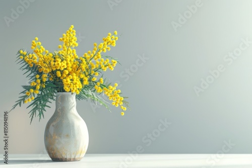A vase filled with yellow flowers on a table. Suitable for interior design concepts
