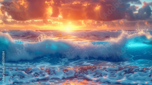 Against the background of a harmonious sunset sky, beautiful sea waves blur, their soft blue and turquoise foam caresses the shore. photo