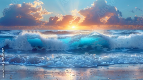 Against the background of a harmonious sunset sky, beautiful sea waves blur, their soft blue and turquoise foam caresses the shore. photo
