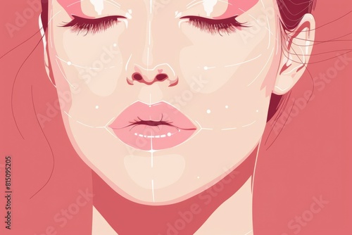 A woman with lines drawn on her face. Suitable for beauty or skincare concept