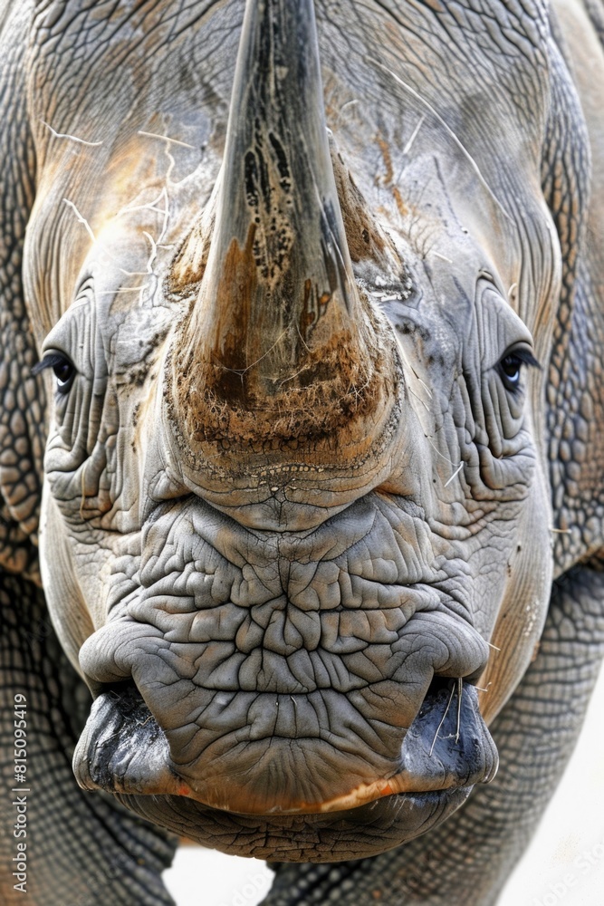 Close up of a rhino's face with its mouth open. Suitable for wildlife and animal themes Close up of a rhino's face with its mouth open. Suitable for wildlife and animal themes