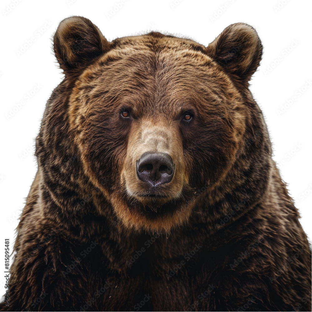 A close-up view of a brown bear standing in front of a plain Png background, a brown bear isolated on transparent background