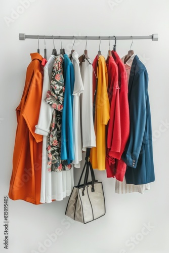 Various clothes hanging on a rack. Suitable for fashion or retail concepts