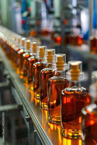 A row of bottles lined up on a conveyor belt.