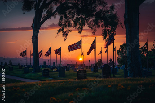 Los Angeles National Cemetery: Twilight glow illuminates American flags for Memorial Day. photo