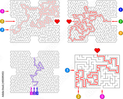Set of 4 vector search for love mazes. Labyrinths with three entrances. Find the right way and reach the red heart. Mental educational games with clue