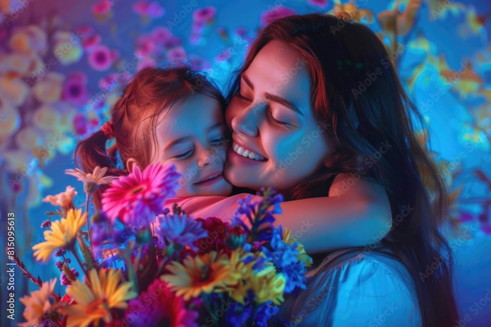 A heartwarming image of a woman embracing a little girl, holding a bouquet of flowers. Perfect for family and love-themed projects