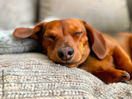 A dachshund dog sleeping on a couch. © VISUAL BACKGROUND