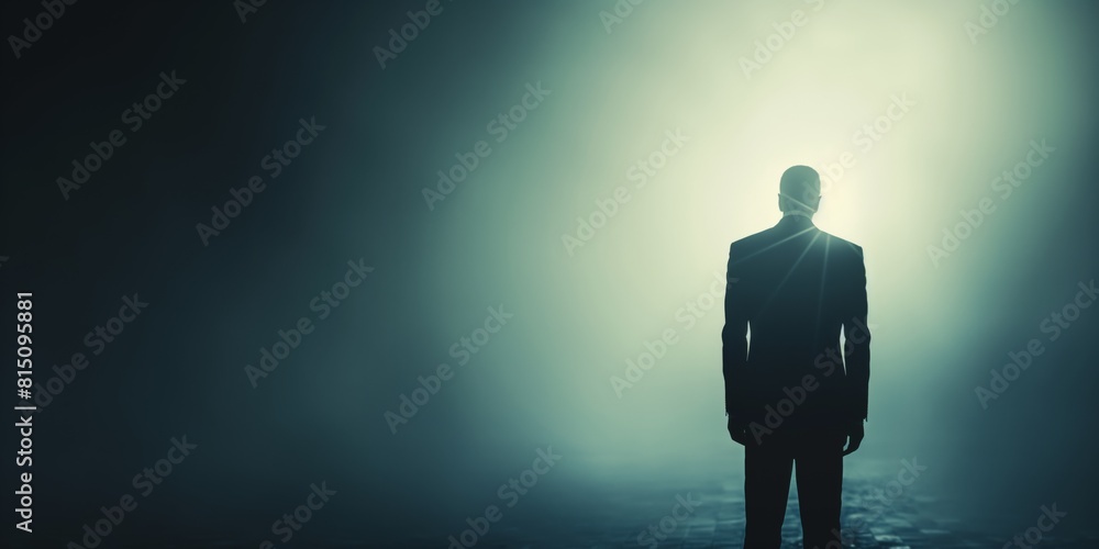 A shadowy figure of a man is seen from behind, surrounded by mist, creating a mysterious atmosphere A shadowy figure of a man is seen from behind, surrounded by mist, creating a mysterious atmosphere