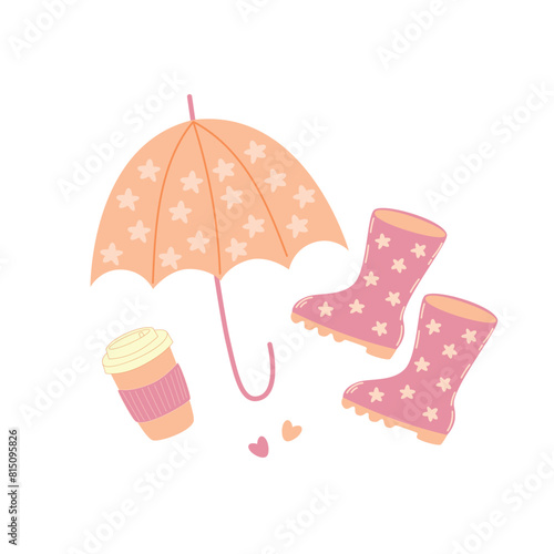 Autumn elements umbrella, rubber boots, paper coffee cup. Vector illustration
