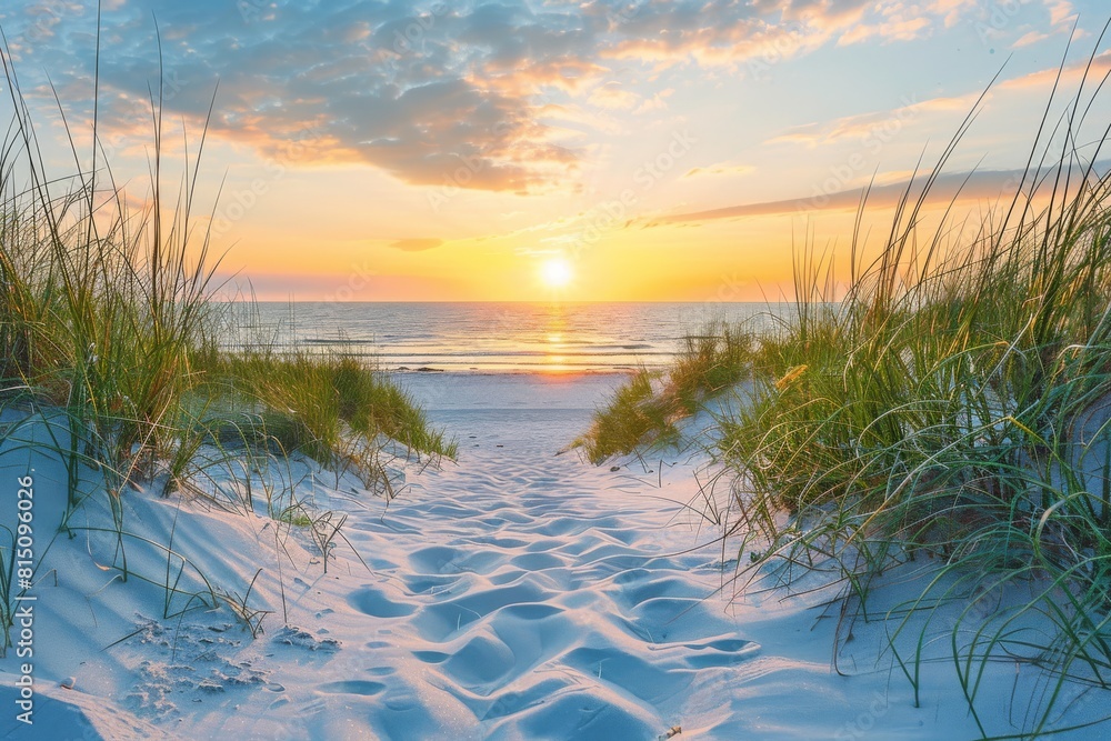 Seaside Sunset: Sand, Grass, and Ocean Waves against a blurry background of beach and sky Seaside Sunset: Sand, Grass, and Ocean Waves against a blurry background of beach and sky