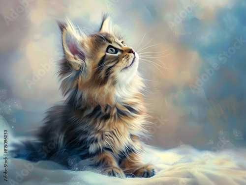 A painting of a kitten looking up.