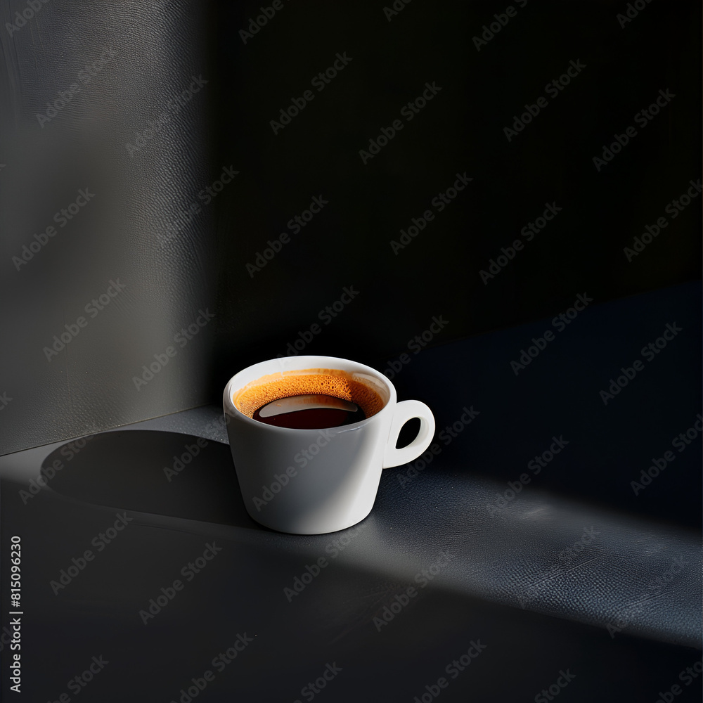 a cup of espresso in a white cup on a black table in a dark room with a large shadow opposite a cup of espresso in a white cup on a black table in a dark room with a large shadow opposite