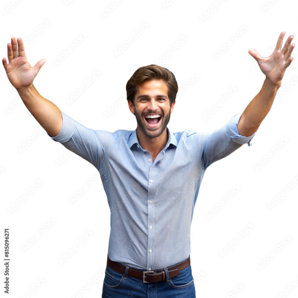Jubilant Young Man Raising His Hands in Cheer Against a Transparent Background Jubilant Young Man Raising His Hands in Cheer Against a Transparent Background
