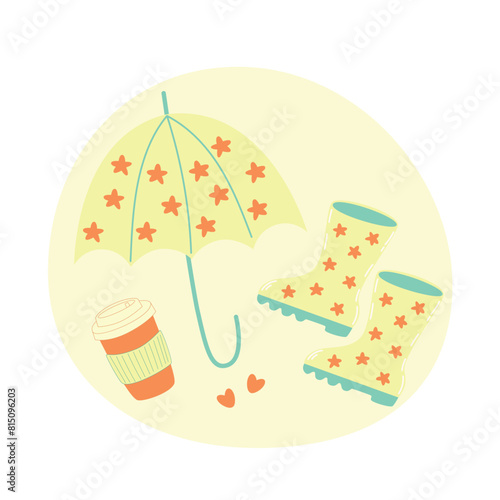 Autumn sticker, vector set of autumn icons: umbrella, rubber boots, paper coffee cup.