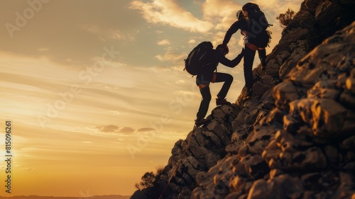 Help and assistance concept. Two men climb a mountain while helping each other. Reaching the top.