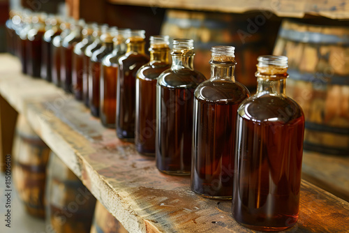 A row of bottles lined up on a wooden shelf.