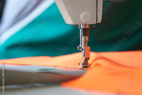 Closeup of sewing machine head and orange fabric for special protective clothing bright orange.