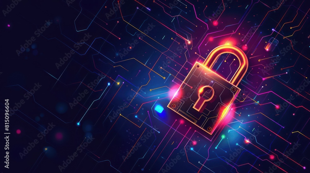 Glowing orange padlock on blue background with circuit board. Glowing orange padlock on blue background with circuit board.