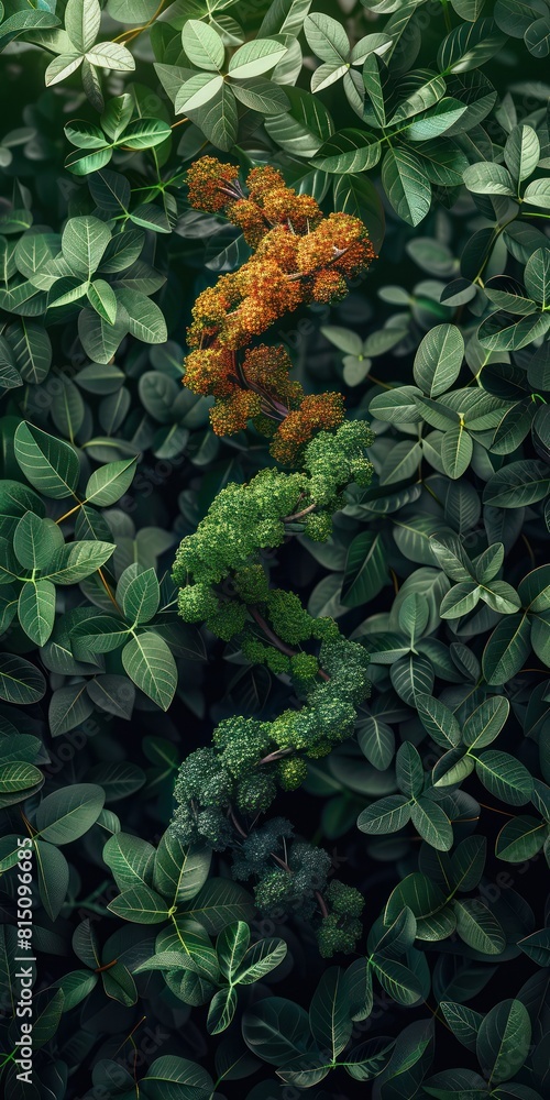 Green leaves background with a pop of orange. Green leaves background with a pop of orange.