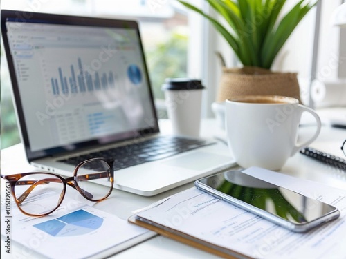 Ultracalistic design, desktop with laptop, mobile phone, glasses, documents and mug of coffee in a modern office.Business