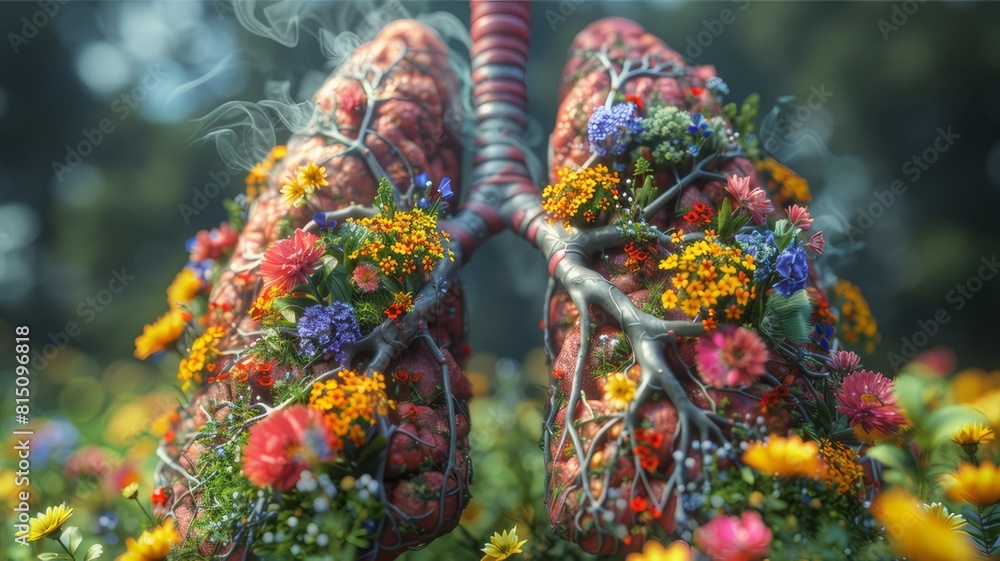 Fototapeta premium The concept of a healthy lifestyle, no smoking. Healthy lungs. An illustration of the breathing of healthy lungs, inside of which flowers bloom at the tips of the arteries. White background.