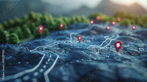 The image is a 3D rendering of a map with red pushpins. The map is blue and the pins are red. The map is of a rural area with winding roads and a few trees.