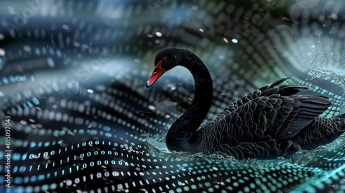 Black Swan on the background of waves of encoding. A rare and unexpected event that has a major effect. It is a metaphor used in science or economics