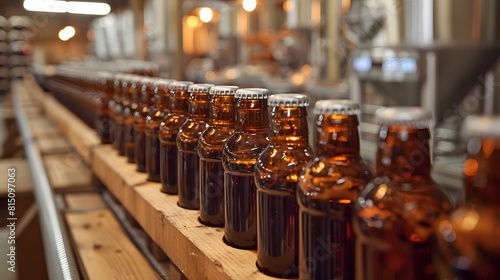 Craft Beer Bottling Line:Rows of Amber Glass Bottles on Automated Conveyor System in Production Facility photo