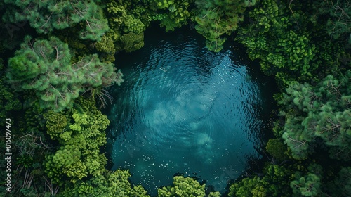 The photo is an aerial view of a natural blue water sinkhole in the middle of a green forest.